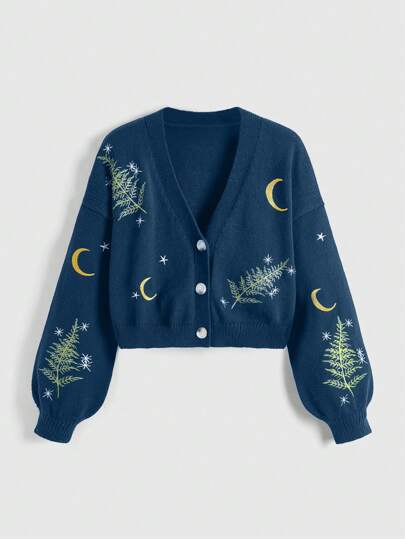 Fairycore Cardigan oversize ricamato con foglie di piante e luna