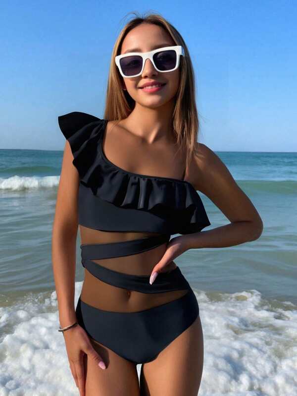 SHEIN Einteiliger Badeanzug mit Rüschenbesatz für Teenager-Mädchen, lässiges minimalistisches, sportliches Design, bequem
