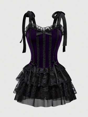 Goth Women Halloween Gothic Vintage Palace Style Contrast Color Lace Trim Velvet Backless Cami Dress
