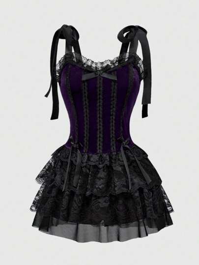 Goth Women Halloween Gothic Vintage Palace Style Contrast Color Lace Trim Velvet Backless Cami Dress