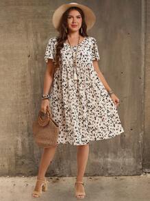 EMERY ROSE Plus Size V-Neck Short Sleeve Casual Dress,Country Casual Vacation Outfits Woman,Simple And Fashionable For Everyday Wear,Summer Tops Women,Summer Outfits For Women,Flowy Dress,Sun Dresses For Women