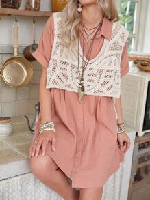 LanaWest Strukturiertes, locker sitzendes Hemdblusenkleid mit Einreiher, Doppeltaschen und Falten