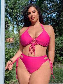 Swim Vcay Women Plus Size Summer Beach Solid Color Halter Tie Front Sexy Bikini Set - Hot Pink - View 5