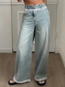 Livesso Jeans casual a gamba dritta in stile patchwork di pizzo per donne