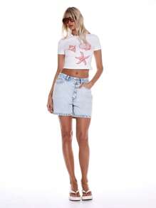 MUSERA Cute Fitted Soft Shell Printed Graphic Cropped T-Shirt For Spring Summer Vacation Beach, Holiday Sailored By The Sea Fall - White - View 4