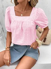 SHEIN LUNE Women's Casual Square Collar Plaid Short Sleeve Blouse, Spring/Summer