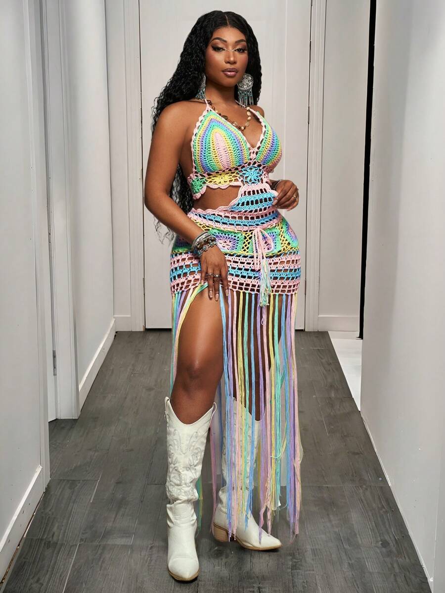 Slaydiva Plus Size Women Colorful Halter-Neck Crocheted Flounced Hem Bodycon Dress - Multicolor - View 1