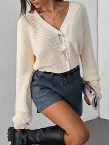 EURMUSE Women Tie Front Knit Cardigan With Balloon Sleeves - Beige,Long Cardigans Woman,Petite Cardigans,Cardigans - Beige - View 3