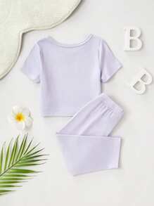 2件套女婴时尚字母印花上衣和裤子休闲家居服，浅灰色和紫色 - 淺灰紫 - 查看 2
