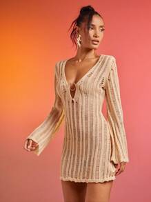 Hauture Deep Plunge Bell Sleeve Distressed Knit Short Dress Ibiza Outfits Squin - Khaki - View 3