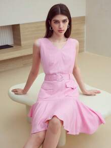 MOTF STUDIO LINEN BELTED RUFFLE HEM DRESS - Pink - View 1