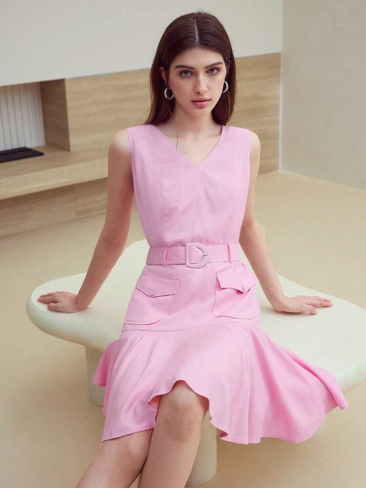 MOTF STUDIO LINEN BELTED RUFFLE HEM DRESS