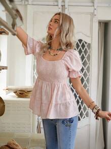 LanaWest 花卉印花荷叶边领短袖纽扣衬衫，夏季荷叶边上衣 - 淺粉色 - 查看 3