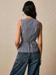 Poéselle Women's Sleeveless Plaid Shirt, Minimalist And Fashionable, Old Money Style, It Is Suitable For Wearing In Daily Life, Commuting, Going Out, Dates And Other Occasions,Suitable For Summer,The Fabric Is Comfortable And Breathable.Poeselle - Navy Blue - View 6