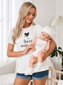SHEIN Newborn Baby Girls Cute White Elastic Letter Print Knitted Bodysuit, Summer - White - View 2