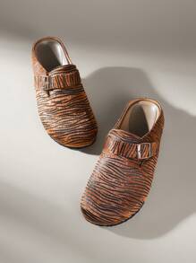 Solecia Zapatos planos tipo mula de diseño casual con estampado de cebra y hebilla ajustable para mujer - Marrón - Ver 6