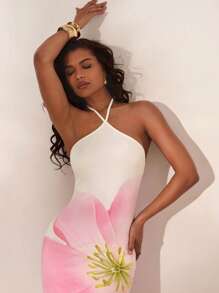 Opulessa 度假花卉印花露背长裙，性感挂脖女式沙滩罩衫