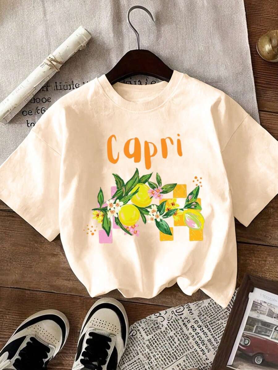 Calvaya 卡普里意大利衬衫舒适彩色图案T恤，柠檬和花朵，渔夫美学，学院风海洋风格，沙滩上衣 - 杏色 - 查看 1