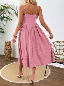 SHEIN LUNE Váy midi ren họa tiết trơn màu đơn giản cho nữ đi nghỉ, trang phục hàng ngày - Bụi hồng - Xem 2