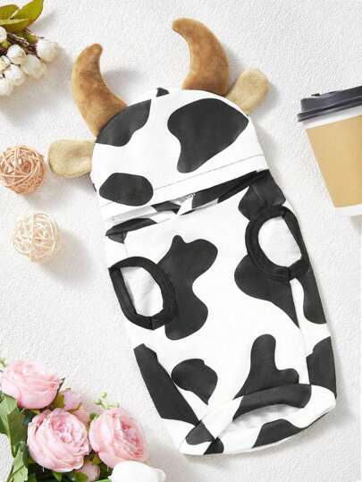 PETSIN 休闲可爱动物牛印花角耳设计卡通套头连帽衫，透气超柔软宠物狗猫印花运动衫，欧美流行，春夏