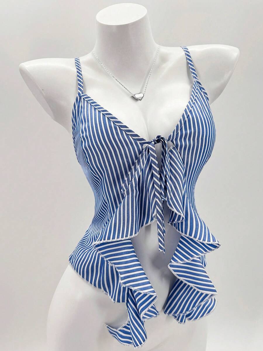 Chiquease 女式夏季休闲条纹荷叶边吊带上衣 - 藍色 - 查看 1