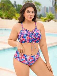 Swim Lushoire Plus Size Women 2 Pieces Asymmetrical Print Swimsuit Set, Beach Holiday Casual - Multicolor - View 5