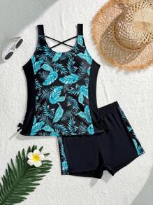 SHEIN Conjunto deportivo de traje de baño ajustado para adolescente con cuello redondo sin mangas, lazo lateral, diseño minimalista y cómodo
