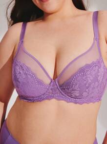 LUVLETTE Plus Soft Woman Lingerie Lounge Curve Sheer Full Coverage Support&Breathable Underwire Sexy Unlined Minimizer Lace Elegance & Mesh Purple Bra Bridal Intimates