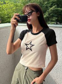 DAZY Áo thun tay ngắn họa tiết ngôi sao năm cánh in khối màu cho nữ mùa hè, áo crop top nữ - Nhiều màu - Xem 3