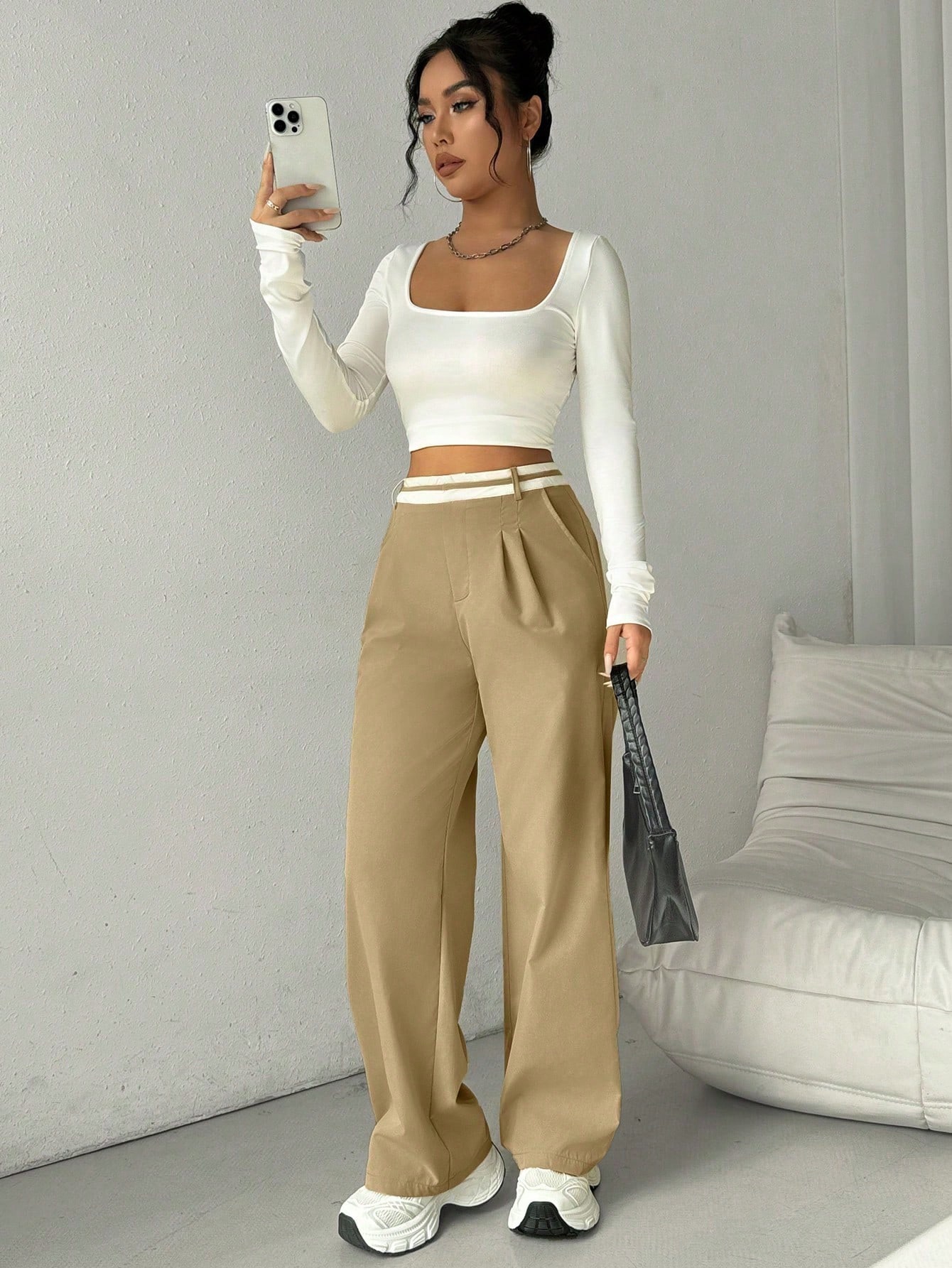 Calvaya بنطلون نسائي مستقيم بخصر عالٍ وزينة حزام و...