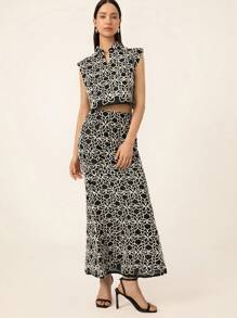 Aveloria Ensemble 2 pièces fait main, top court sans manches col V color block et jupe longue queue de poisson pour femmes. Style élégant et avec imprimé tout-sur-pour l'été. - Multicolore - Voir 3