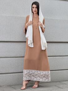 SHEIN Najma Vestido casual de corte holgado con cuello redondo, con elegante diseño con delicado encaje en el bajo y los puños, para mujeres árabes - Rosa - Ver 3