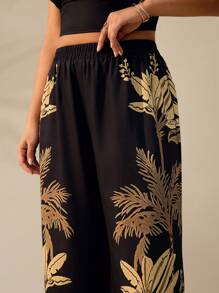 SHEIN Clasi Flowers Birds 2pcs/Set Plus Size Vacation Casual Solid Color Camisole & Tropical Printed Pants Set - Black - View 6