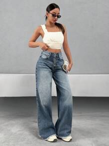 RueChic Women's Pocketed Button Front Straight Loose Casual Versatile Denim Jeans Women S Outfits Work Outfits For Women Women S Summer Tops Womens Summer Tops Women S Sets Women Jeans Plus Size Women S Clothes Women Summer Clothing Woman S Summer Clothes Women Summer Sets