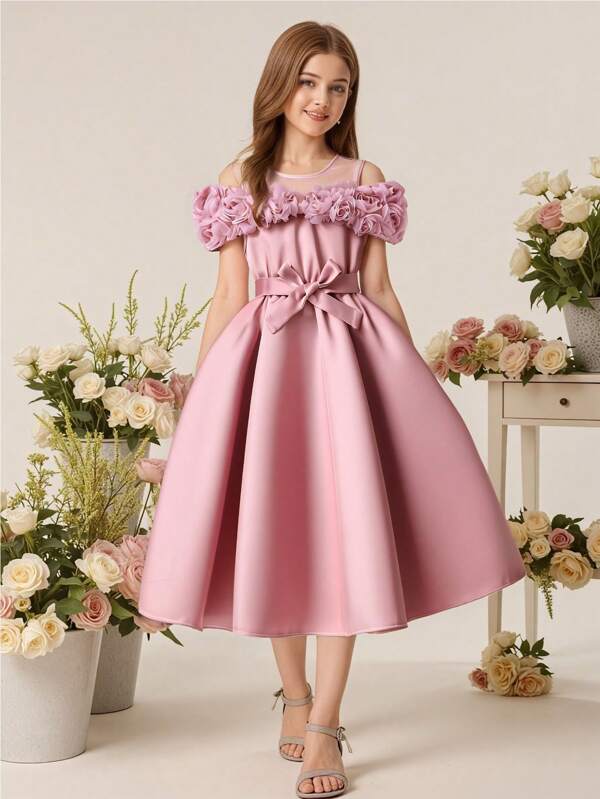 Tween Girls' Elegant Luxurious Graceful Fashion Detailed Floral Decor Dress Summer