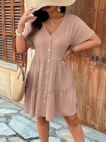 Breezaya Große Größen Kleid mit V-Ausschnitt, strukturierten Schulterärmel, fließender A-Linie und Rüschensaum