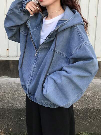 FRIFUL 女士宽松连帽休闲机场牛仔夹克