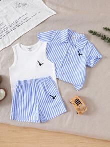 3 Stücke Set Sommer-Outfit für Babyjungen, kurzärmliges gestreiftes Webhemd, gestrickter ärmelloser Weste und gestreifter Webshorts, mit bedrucktem Grafikdesign, geeignet für den täglichen Gebrauch, Urlaub, Feiertage - Blau - Übersicht 3