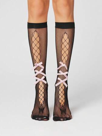 Kawaii جوارب طويلة تحت الركبة من الفيلفت الوردي المخرم باللون الأسود