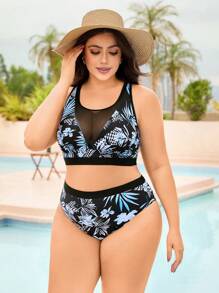 Swim SPRTY Plus Size Women 2pcs/Set Random Print Mesh Patchwork Sleeveless Top And Shorts Bikini Swimsuit Set For Beach Pool Vacation Surfing For Summer - Multicolor - View 4