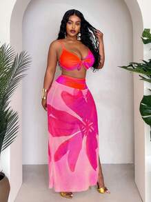 Slaydiva Plus Size Women 3pcs Set: Random Ombre Print Fashionable Minimalist Sexy Placement Print High Waist Mid-Length Skirt And Triangle Panty, Daily Chic Resort Bikini Set For Summer Beach Vacation - Hot Pink - View 3