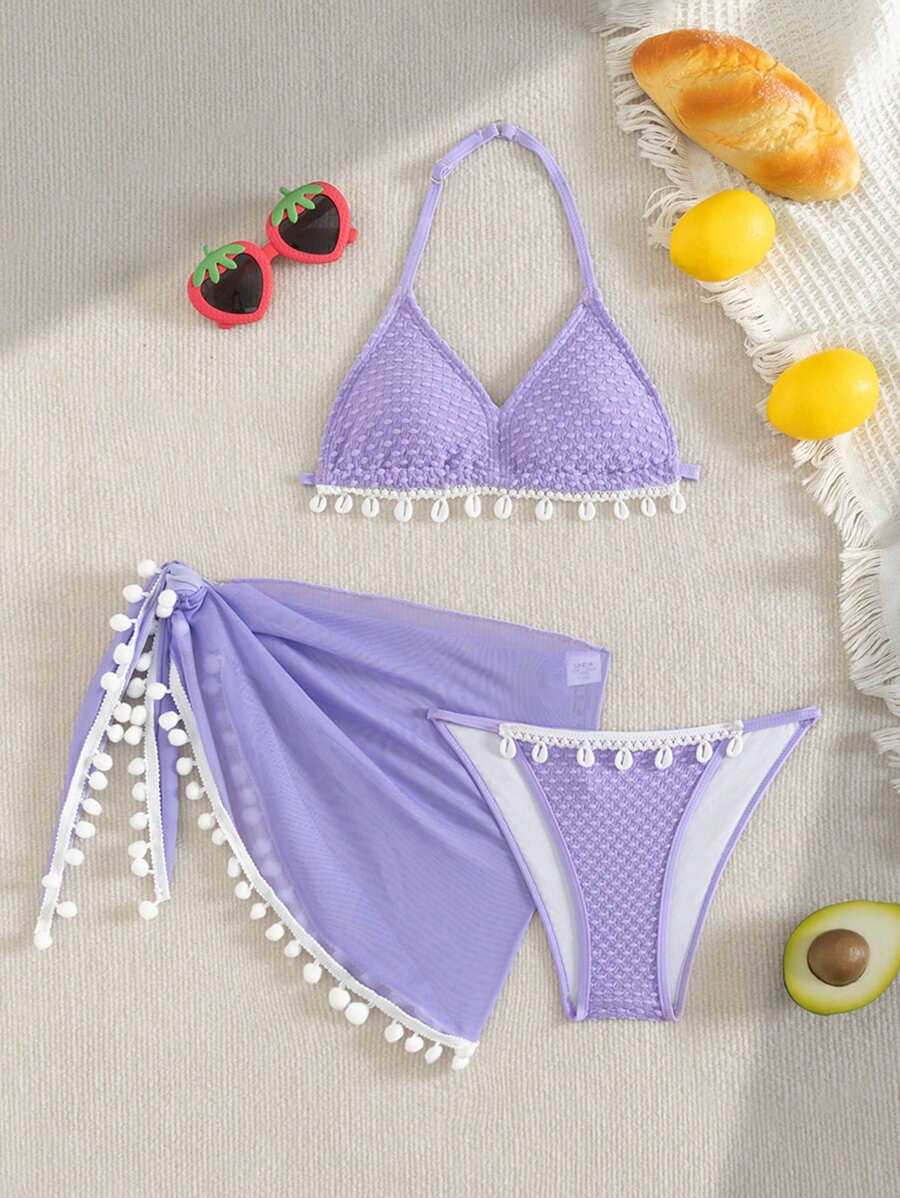 3pcs Girls Shell Decor Halter Tankini Top, Solid Shell Triangle Bikini Bottom, Pom-Pom Embellished Beach Dress Swimsuit Set, Suitable For Mommy & Me Matching Outfits (Sold Separately) - Purple - View 1
