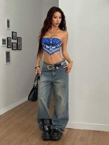 Coolane Women's Spring/Summer Y2K Knit Floral Asymmetrical Crop Tube,Music Festival,Slim Fit - Navy Blue - View 6