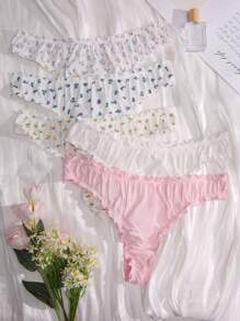 Shein Underwear&Sleepwear Basics Talla grande 5 piezas Bragas con estampado floral ribete en forma de lechuga