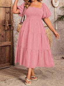 SHEIN Clasi Plus Size Women Vacation Leisure Solid Color Bubble Sleeve Wrap Waist Dress Maxi Women Outfit - Pink - View 6