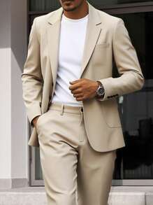 Manfinity Mode Plus Size Men Business Suit Set - Long Sleeve Blazer And Pocket Formal Trousers
