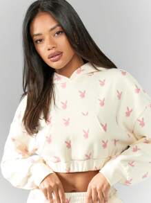 Missguided x Playboy Casual Athletic Cropped Crop Top Hoodie Sweatshirt Long Sleeve Loungewear Winter Fall Streetwear - White - View 5