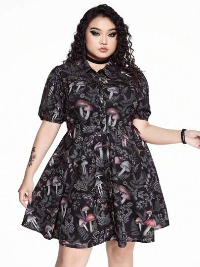 Goth Vestido de camisa con cintura ceñida y estampado de setas y motivos botánicos góticos para mujer de talla grande