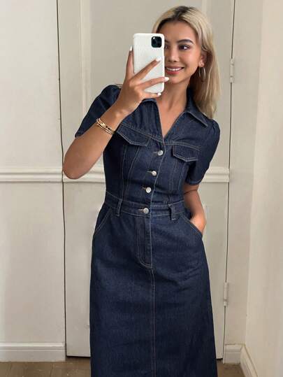 Livesso Women's Spring/Summer Puff Sleeve Denim Dress Maxi Dress