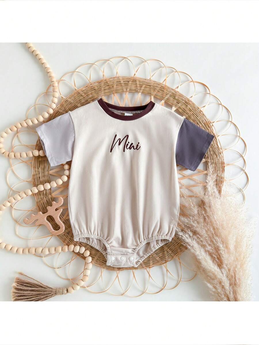 Loomiva Infant Baby Boy Letter Print Contrast Color Soft Knit Crew Neck Short Sleeve Bodysuit